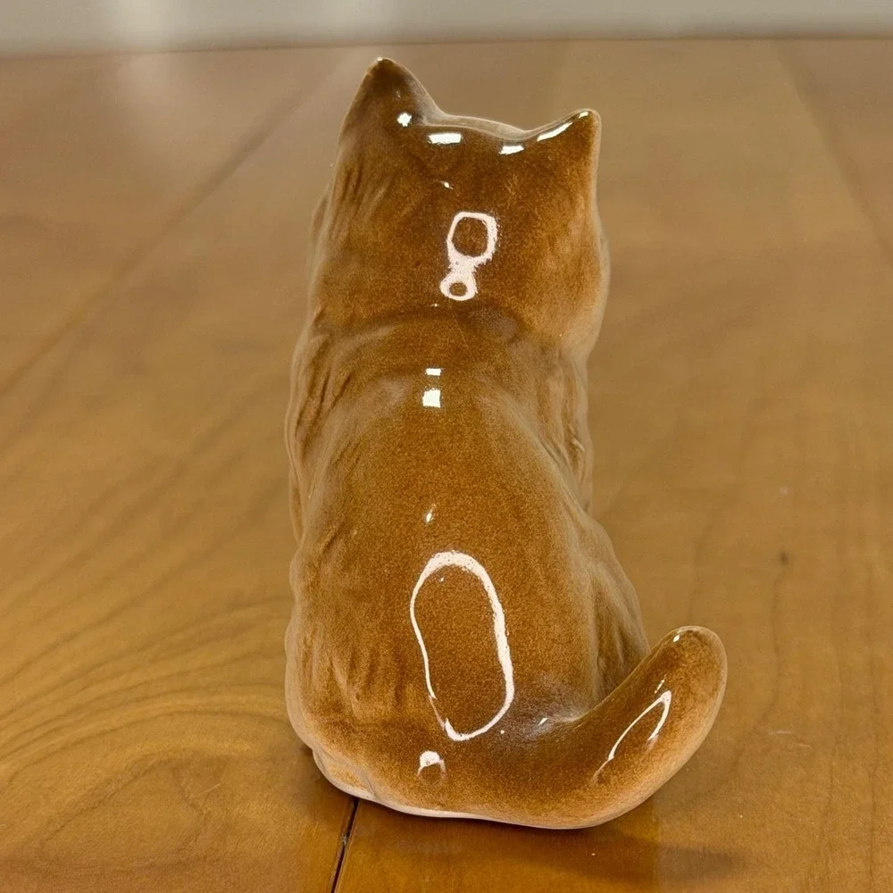 Vintage Ceramic Cat Figurine Miniature Persian Longhair Glossy Glaze Brown White